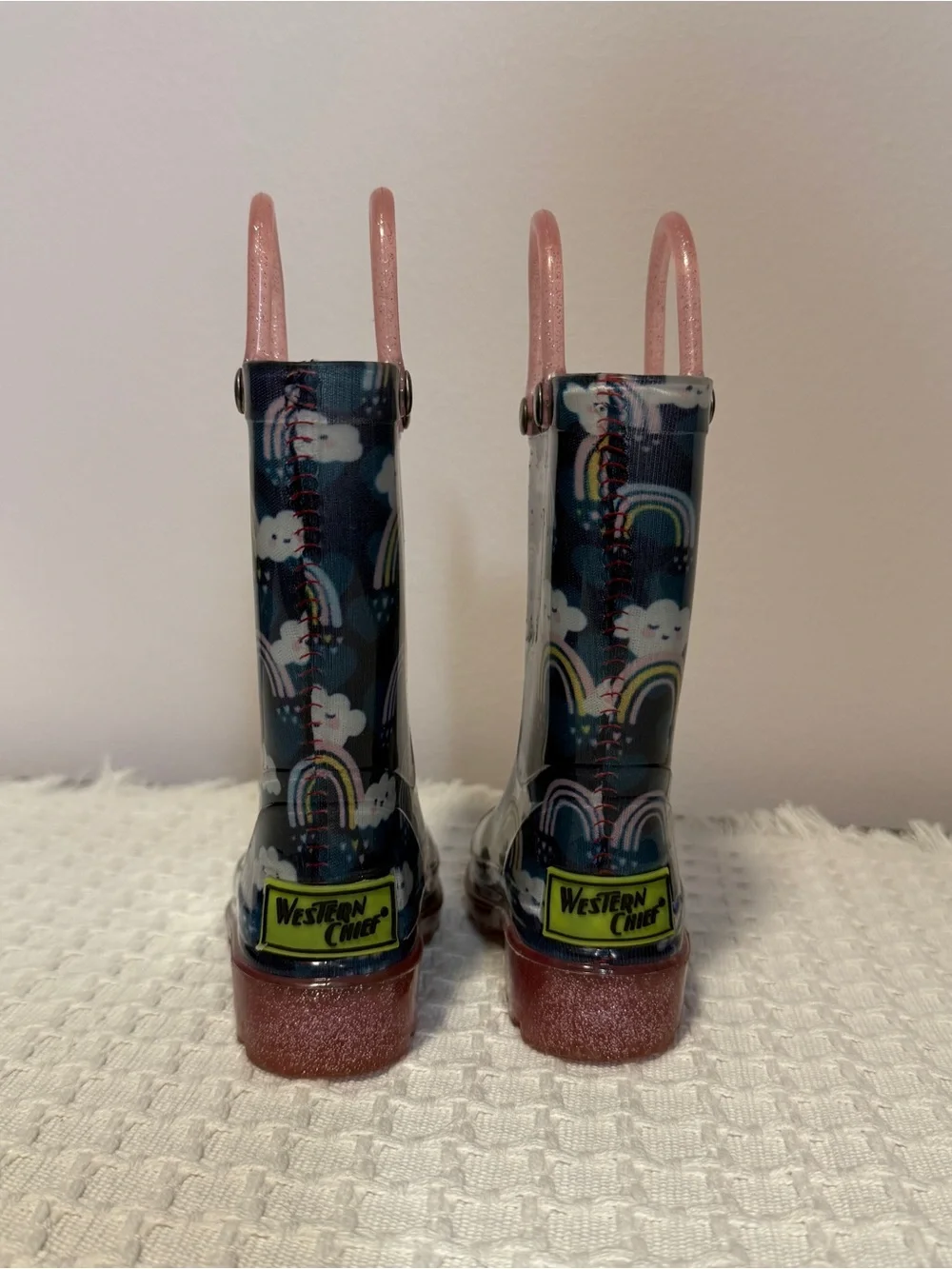 Light up rain boots, western chief, rainbow shower, blue pink glitter, size 5